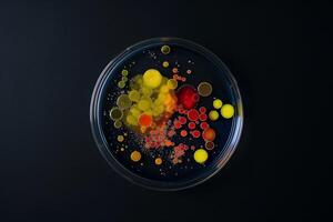 colorful array of microbial colonies in a Petri dish, where each cluster represents different bacteria growing in a controlled environment. bacterial cultures and their applications in biotechnology. photo