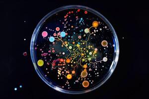 Colorful microbial cultures in a Petri dish linked by geometric lines, highlighting network science in microbiology, perfect for educational use. photo