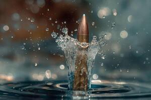 This dramatic macro photograph captures a shot, bullet frozen in motion as it plunges into water, splash effects that illustrate the powerful interaction between solid and liquid. photo