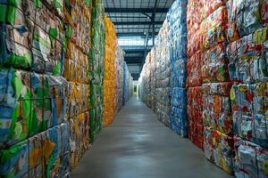A narrow aisle runs between immense walls of densely packed recycled materials, illustrating the tangible results of community recycling initiatives and the ongoing effort to reduce landfill use. photo
