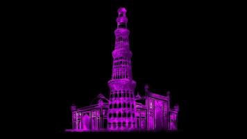 Neon frame effect Qutub Minar in india, glow, black background. video