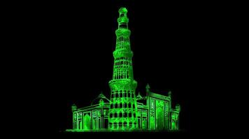 Neon frame effect Qutub Minar in india, glow, black background. video