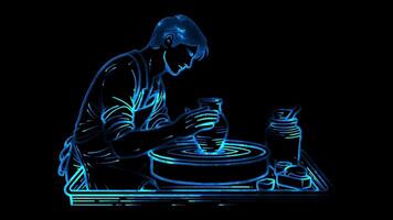 Neon frame effect pottery-making scene, glow, black background. video