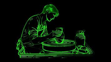 Neon frame effect pottery-making scene, glow, black background. video