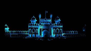 Neon frame effect Red Fort in , India, glow, black background. video