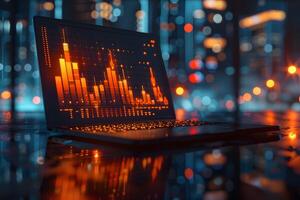 A laptop displaying a bar graph chart photo