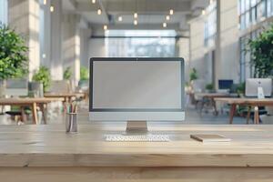 A computer monitor placed on a workstation in a spacious office photo