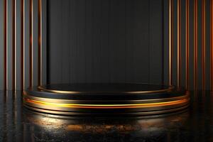 Black and gold podium with gold stripe, isolated on white photo