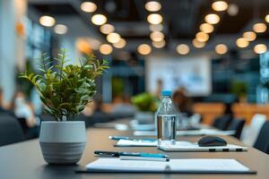 A plant in a pot on a table with a laptop photo