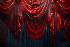 A close up of a red curtain with a clock on it photo