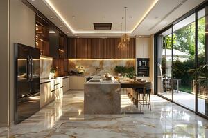 Kitchen with marble island and large window photo