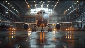 An airplane parked in a hangar with lights on and a person standing by photo