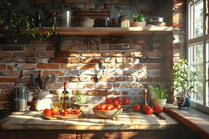A bowl of ripe tomatoes on a kitchen counter photo