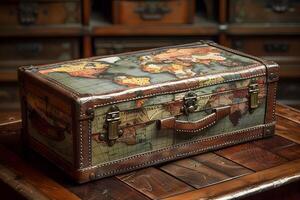 A suitcase with a map on a table photo