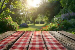 A close up of a picnic table with a red and white checkered table cloth photo