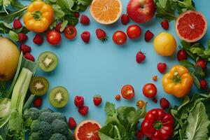 An arrangement of various fruits and vegetables in a circular pattern photo