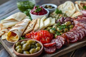 A platter of meats and vegetables on a wooden table photo