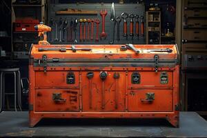 A trunk with tools on it in a garage photo