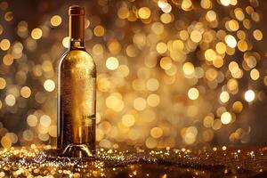 A bottle of champagne on a table with festive lights in the background photo