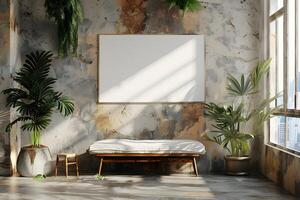 A view of a room with a bed and a plant in it photo