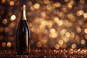 A close up of a bottle of champagne on a table with a sparkling background photo