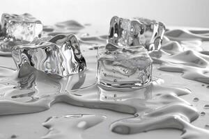 Three ice cubes on a table with water photo