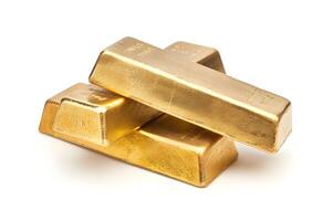 Three gold bars stacked on top of each other on a white surface photo