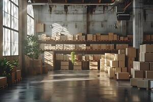 Large room filled with boxes and a single plant photo