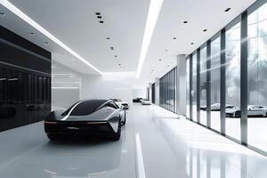 Car displayed in a showroom with large windows photo