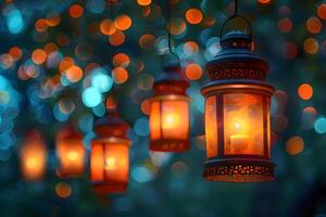 Many lanterns hanging from a tree with lights in the background photo