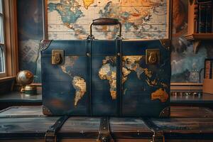 A suitcase on a table with a map photo