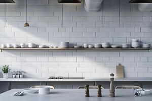 Many plates and bowls on the counter in this kitchen photo