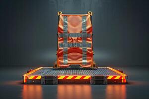 A chair displayed on a platform with a shiny surface photo