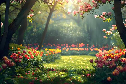 un cerca arriba de un campo de flores con arboles en el antecedentes foto