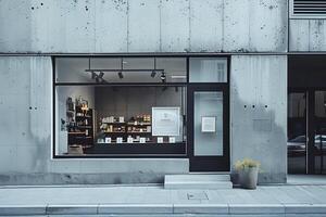 A store front with a window and a plant in the window photo