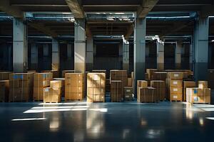Boxes stacked on pallets in a warehouse with many windows photo