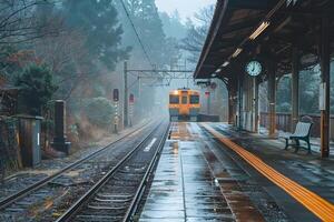 A train approaching on rainy railway tracks photo