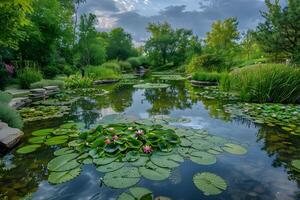 A close up of a pond with lily pads and a sky background photo