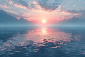 Sunset view of water with mountain backdrop photo