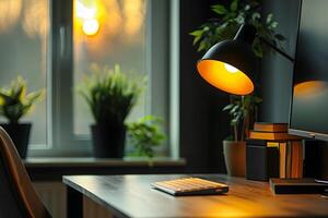 A desk with a computer and a lamp on it photo