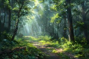 A path through the woods with sunlight filtering through the trees photo