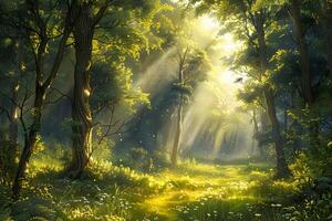 Sunlight filtering through tall trees in a woodland with greenery and wildflowers photo