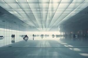 People walking through a large building with a lot of windows photo