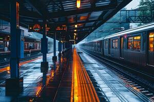 A close up of a train on a train track at a train station photo