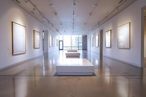 A white table in a room with pictures on the walls photo