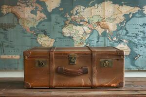 A brown suitcase on a table with a map in the background photo