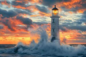 Lighthouse on ocean with vivid orange sky photo
