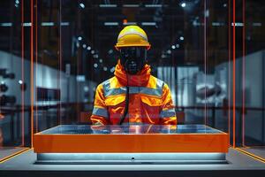 Man in a yellow safety jacket and helmet at work photo