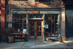 A store front with a lot of windows and a sign photo