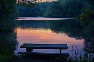 A bench on the lake shore photo